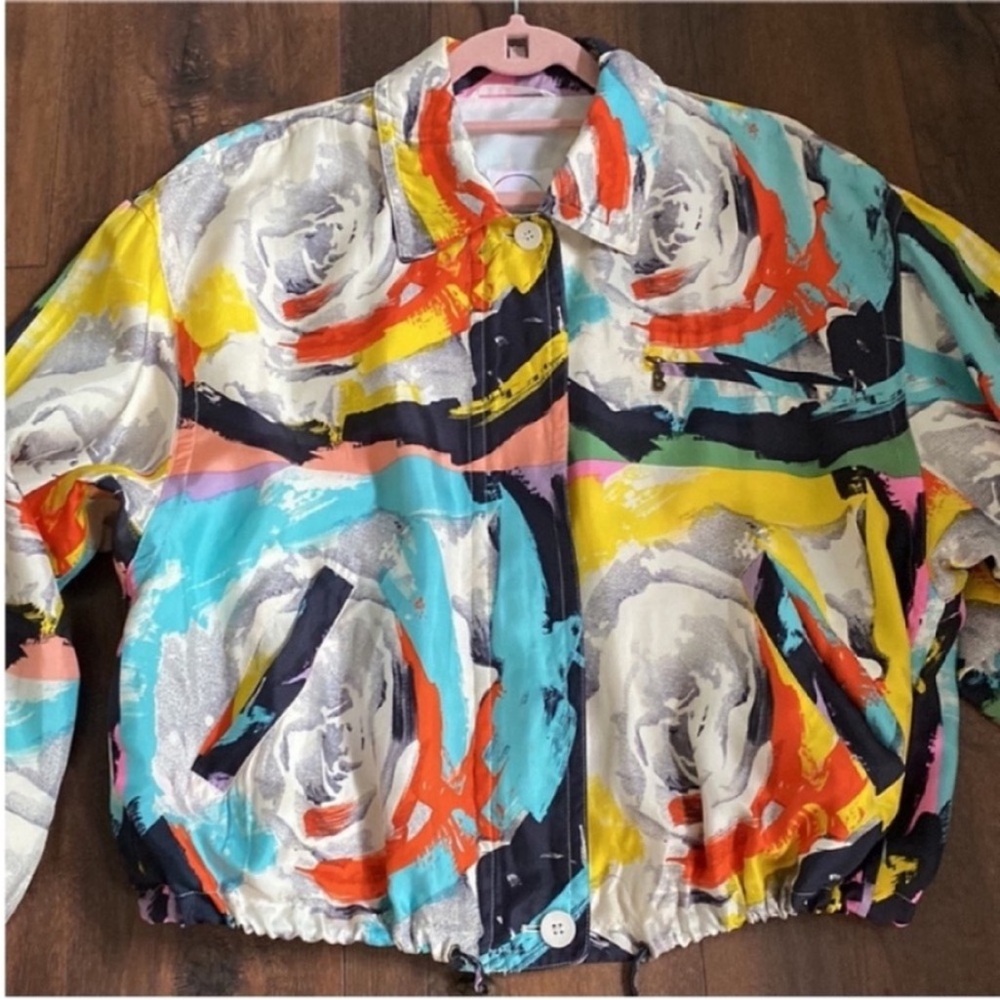 Bogner Vintage Silk 80s Andy Warhol Inspired Bomber Jacket Size Small.